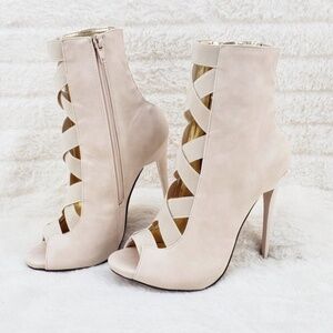 * Mona Mia Nude Peep Toe Wide Elastic Straps 4 3/4" Stiletto Heel Ankle Boots